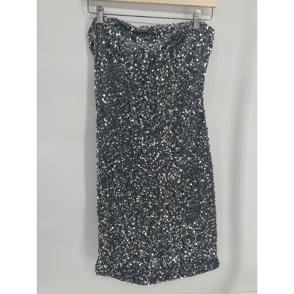 Noisy May Silver Sequin Strapless Mini Dress Grey Bodycon Tube Party Size L